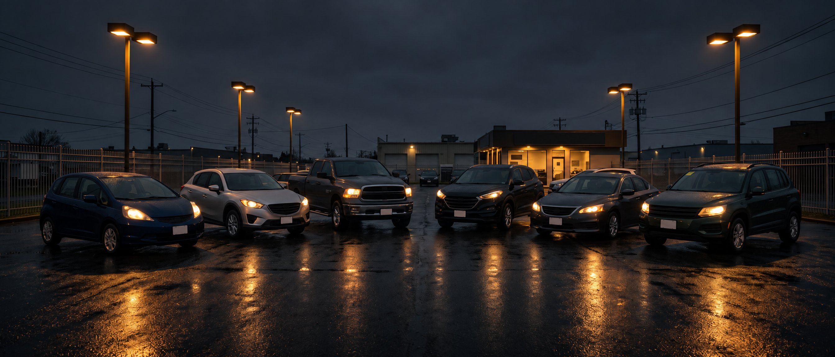 Used cars for sale lined up in a fan on the Sprinter Auto Sales lot at dusk